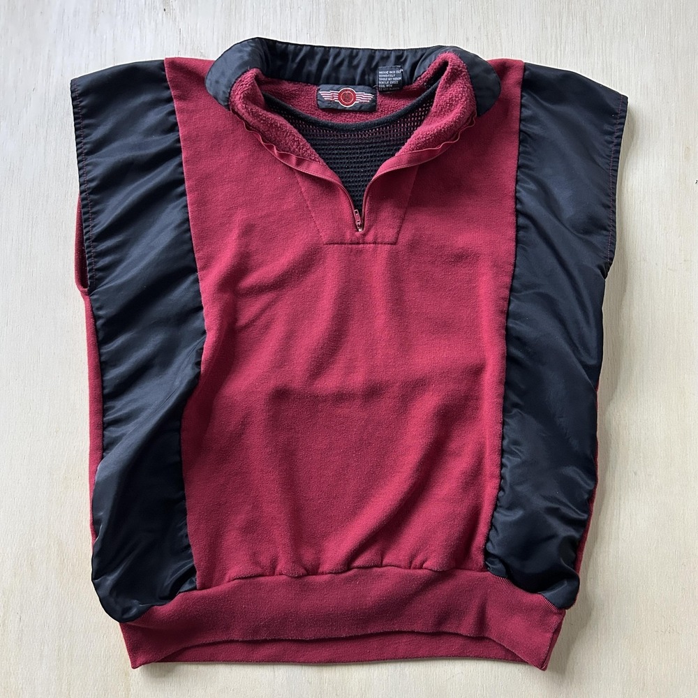 Vintage Sweater Vest Mens Large Red Black 1/4 Zip Mock Neck Fleece Pullover